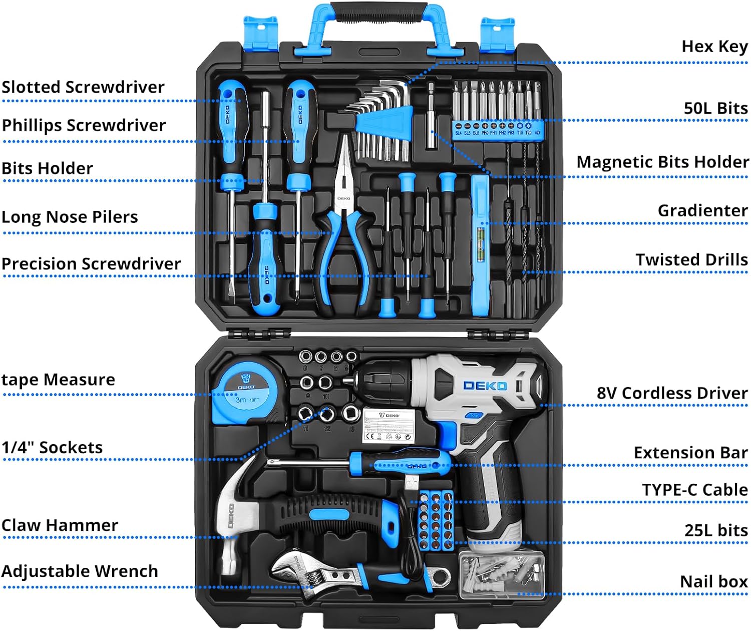 Tool Kit: DEKO Drill Set with Cordless Drill, Tool Kit Set Box, DIY Hand Tools for Men and Home, with 8V Electric Drills Blue,126 Pieces