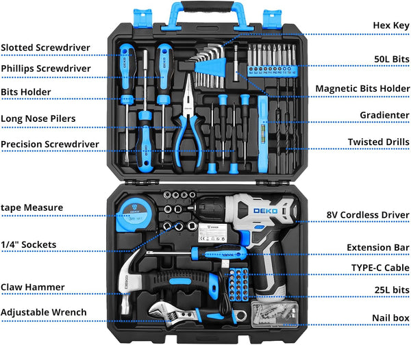 Tool Kit: DEKO Drill Set with Cordless Drill, Tool Kit Set Box, DIY Hand Tools for Men and Home, with 8V Electric Drills Blue,126 Pieces
