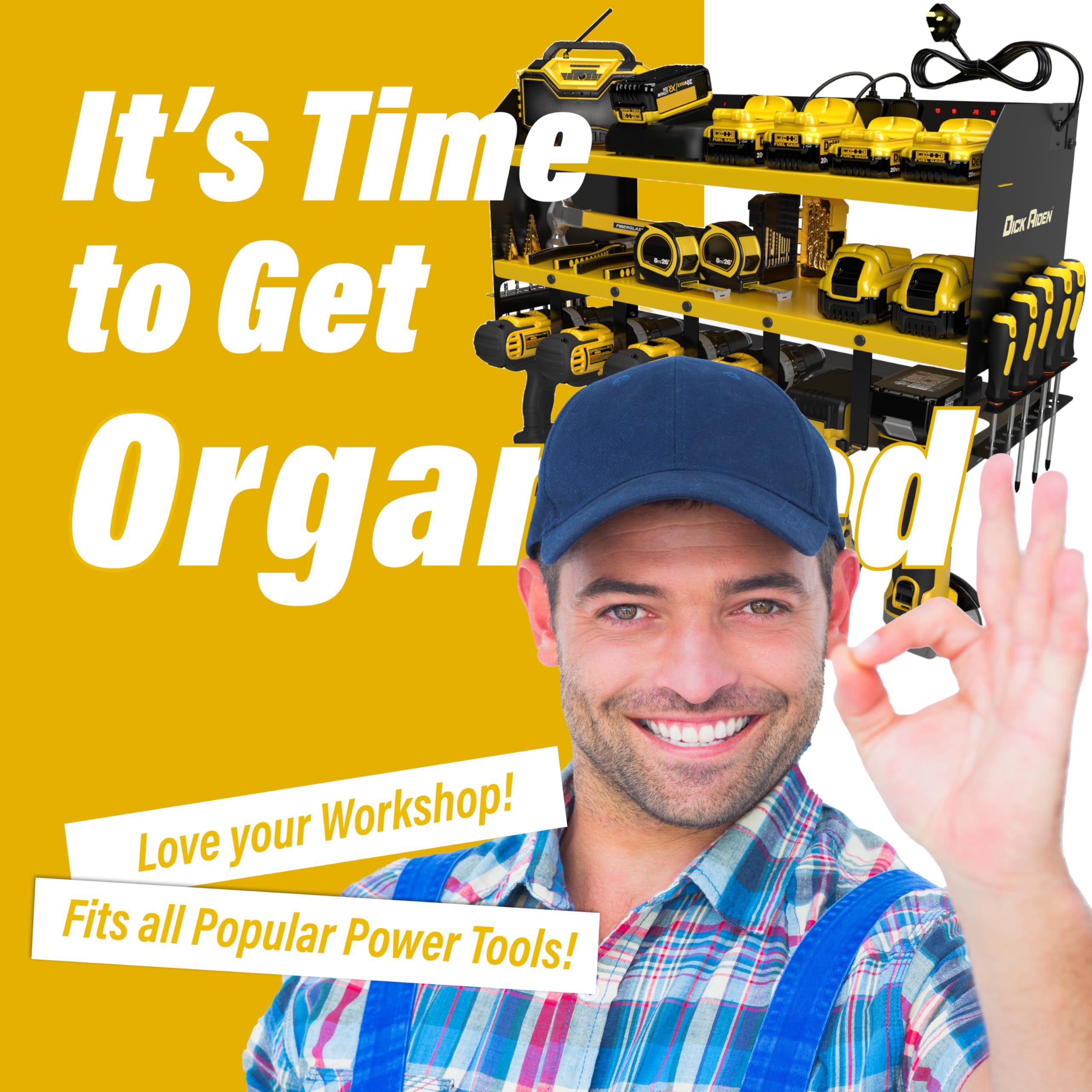 Toolganize Power Tool Organiser, Storage Rack with Power Strip Charging Station, Heavy-Duty for Workshop & Garage Tools - 4 Slot, Milwaukee Red.