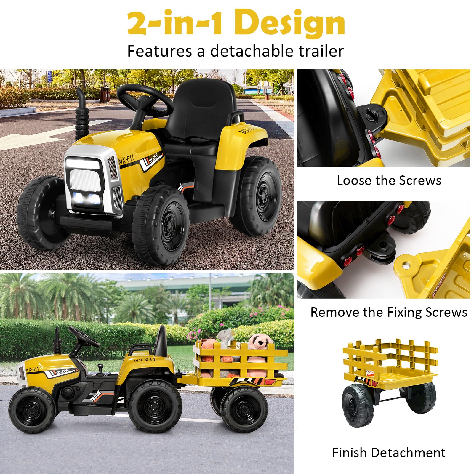 COSTWAY Ride on Tractor and Trailer, 12V Battery Powered Electric Kids Toy Car with Remote Control, LED Lights, USB & Bluetooth Music, Four Wheels Ride on Toys for Children Ages 3+(Dark Green)