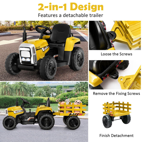 COSTWAY Ride on Tractor and Trailer, 12V Battery Powered Electric Kids Toy Car with Remote Control, LED Lights, USB & Bluetooth Music, Four Wheels Ride on Toys for Children Ages 3+(Dark Green)