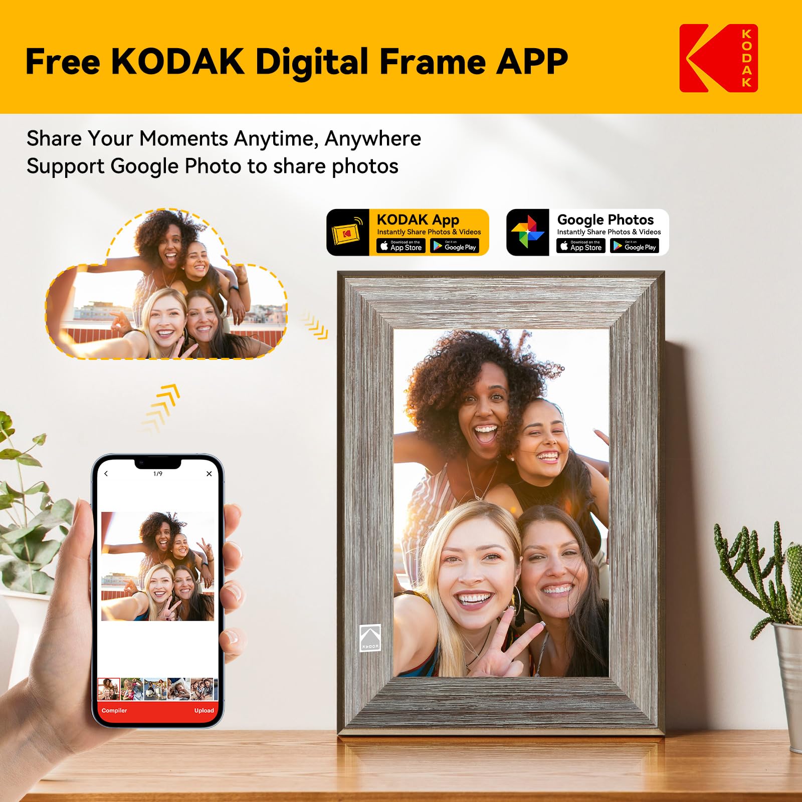 KODAK Digital Photo Frame WiFi Digital Picture Frame 10.1 Inches, FHD 1920*1200 IPS Touchscreen, Wooden Smart Electronic Frame with 32GB Memory, Easy to Share Photo, Video via APP with Your Loved Ones