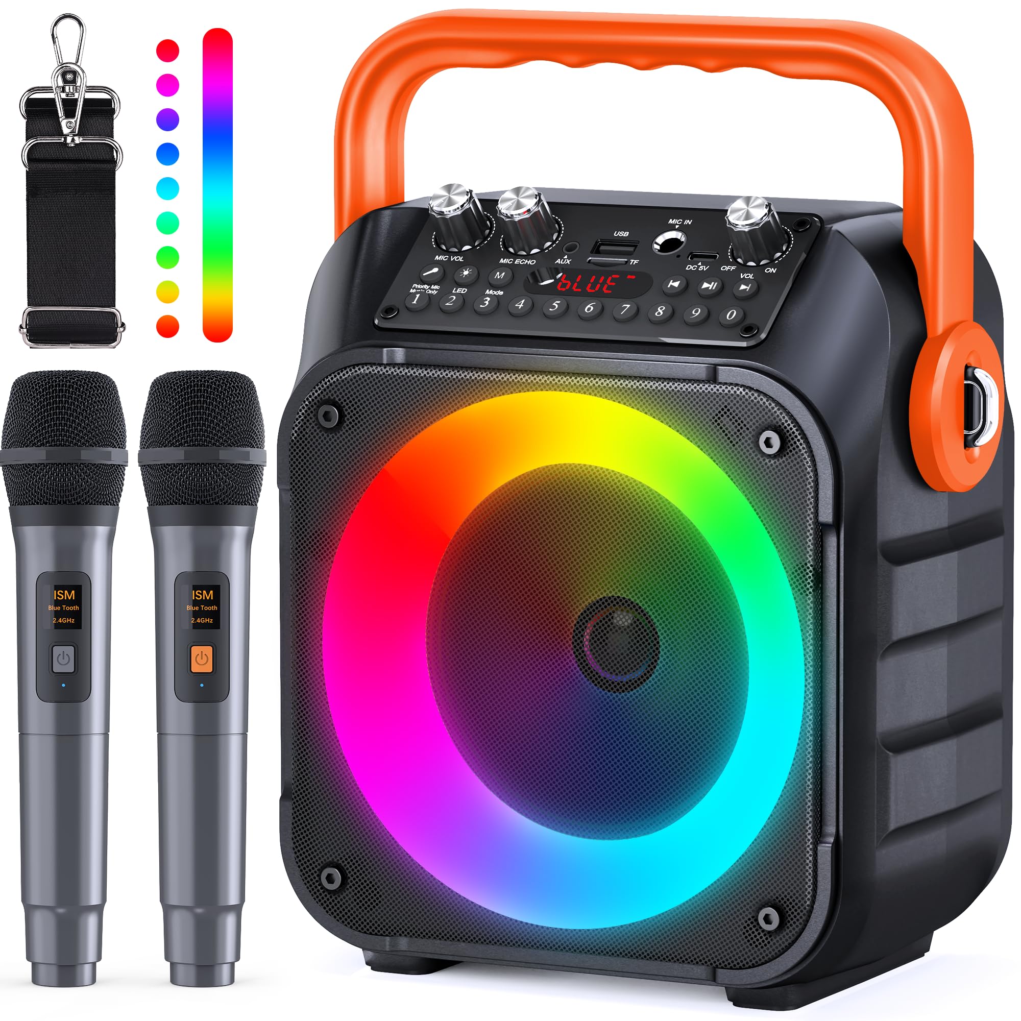 Karaoke Machine with Two Wireless Microphones, Portable Karaoke Machine for Adults & Kids, Portable Bluetooth Speaker with PA System, LED Lights, Supports TF Card/USB, AUX in, FM, USB,TWS (Black)
