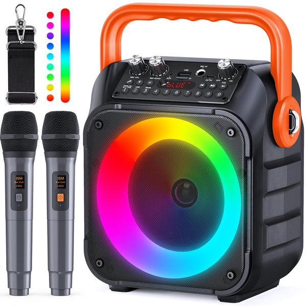 Karaoke Machine with Two Wireless Microphones, Portable Karaoke Machine for Adults & Kids, Portable Bluetooth Speaker with PA System, LED Lights, Supports TF Card/USB, AUX in, FM, USB,TWS (Black)