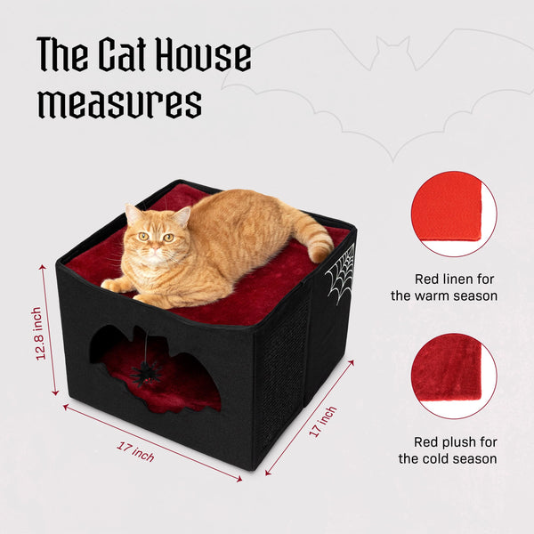 Gothic Cat Bed for Indoor Pets, Foldable Halloween House, 17x17x12.8, Bat Entry, Spider Toy, Scratch Pad, Soft Cushion, Gothic Style, Black & Red