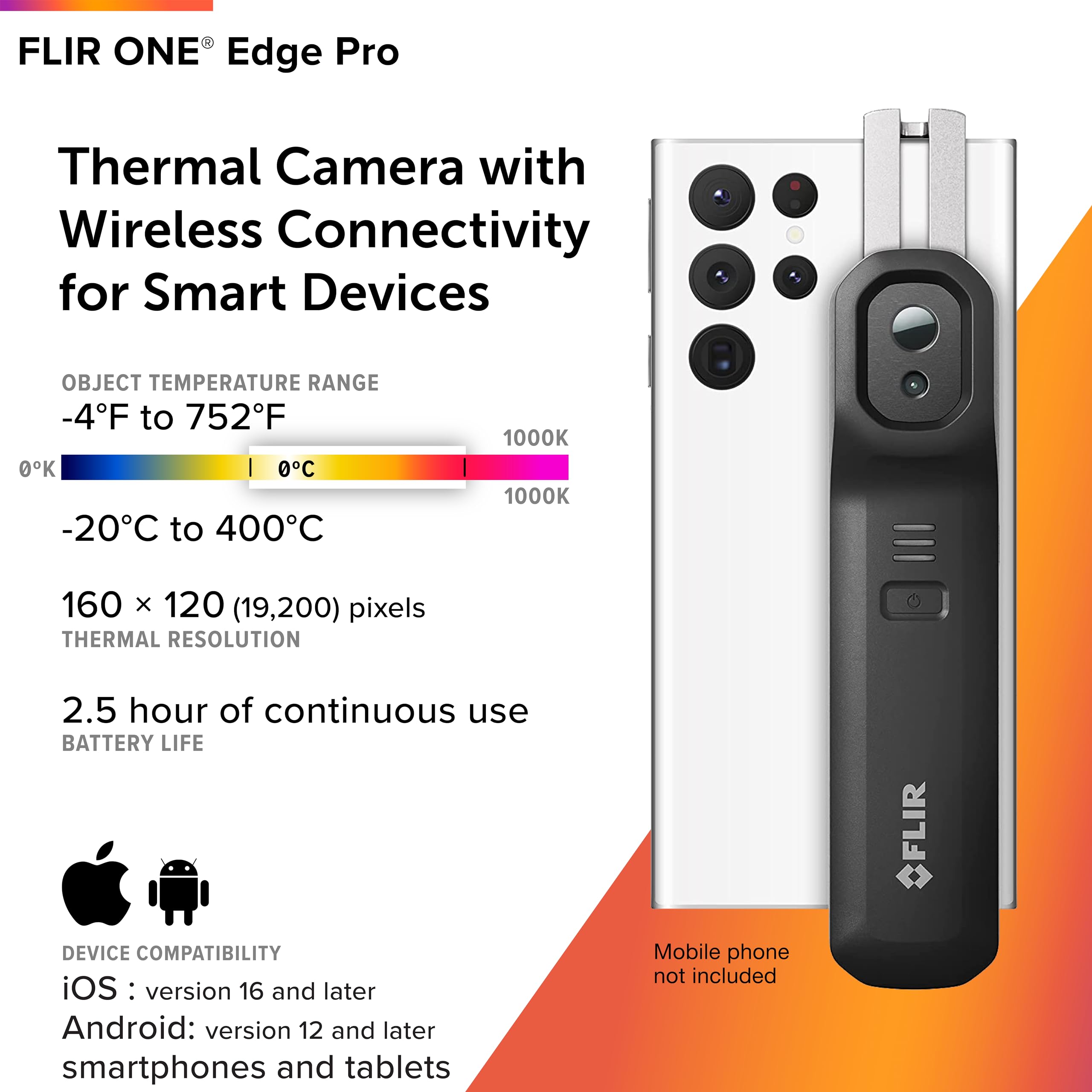 FLIR EDGE - Wireless Bluetooth Thermal Imaging Camera for Smartphones, Compatible with all iOS and Android devices: Use for home inspection, HVAC, automotive, machine industries and more