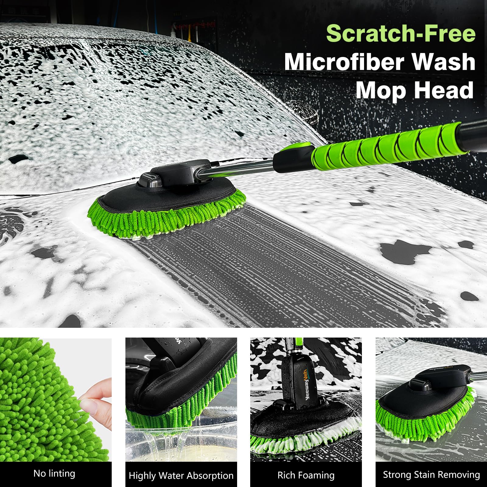 YeewayVeh Car Wash Brush, 43" Extendable Car Wash Brush Mop with Long Handle, 15 Degree Curved Soft Car Cleaning Brush kit with Extra Microfiber Brush Head for Truck SUV Cleaning, Orange