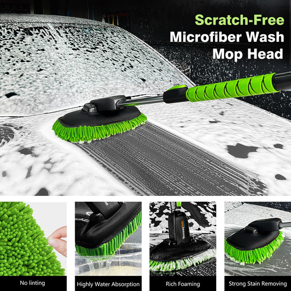 YeewayVeh Car Wash Brush, 43" Extendable Car Wash Brush Mop with Long Handle, 15 Degree Curved Soft Car Cleaning Brush kit with Extra Microfiber Brush Head for Truck SUV Cleaning, Orange