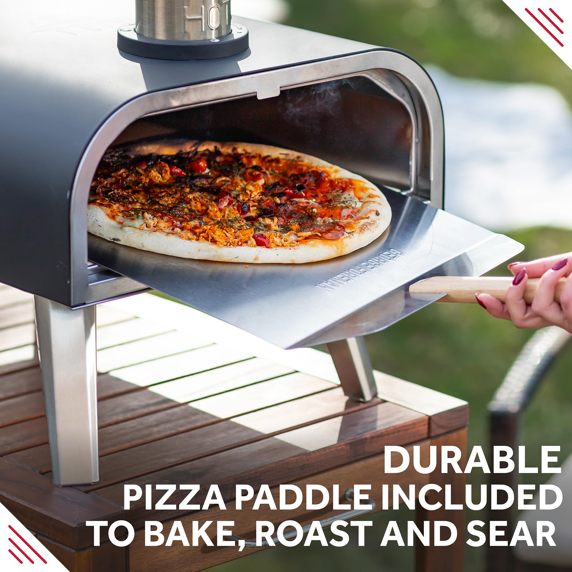 George Foreman Outdoor 12 Inch Wood Pellet Portable Wood Fired Pizza Oven Stainless Steel with Paddle and Carry Bag, BBQ Oven & Smoker, Foldable Legs GFWPPO1SSPC