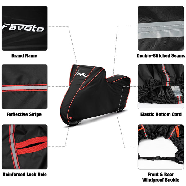 Favoto Waterproof Motorcycle Cover 300D Oxford with PU Coating, Rain Snow Dust Wind Resistant Outdoor Protection, Reflective Strips, Fits Motorbikes up to 104 inch / 265 cm, Red