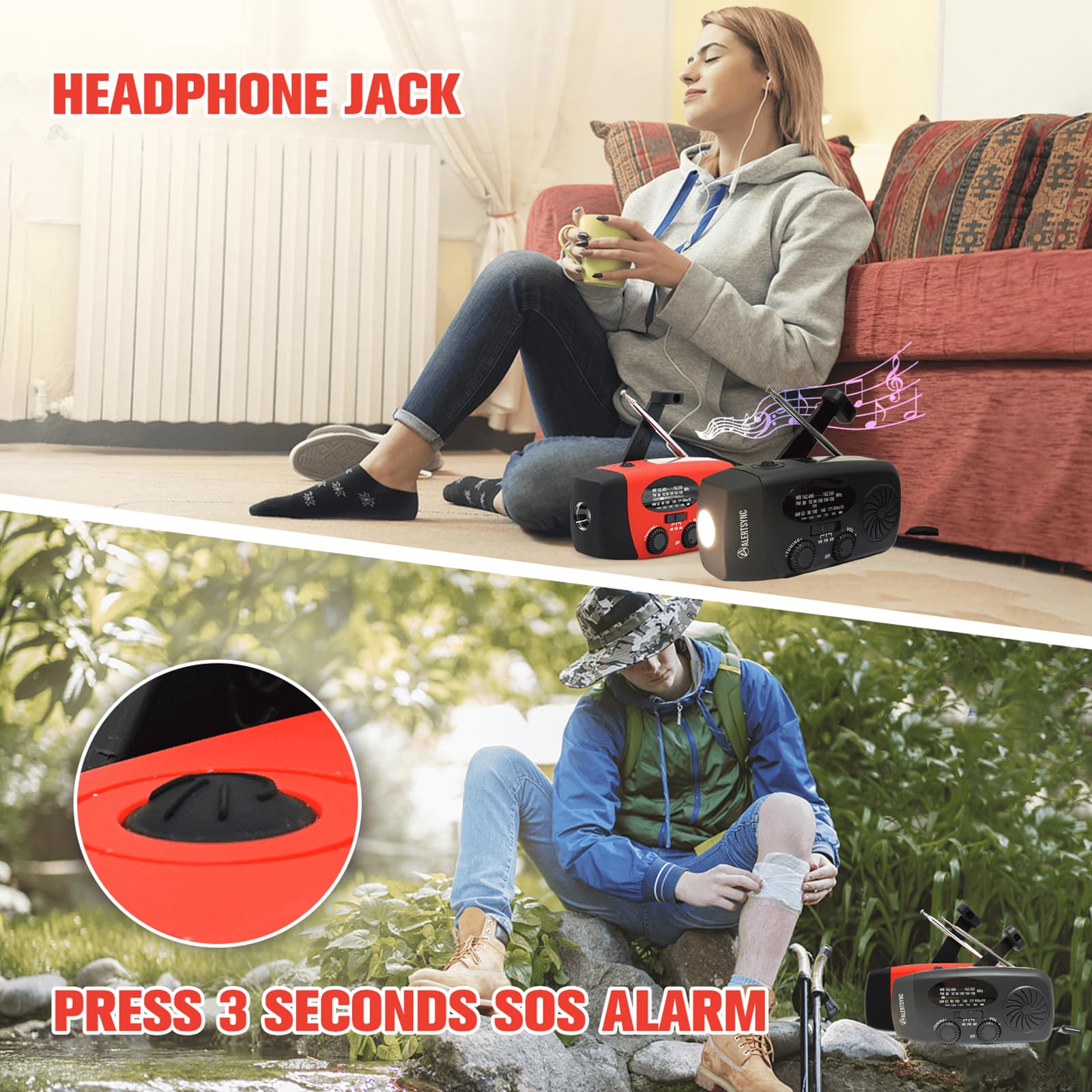 iRonsnow Solar Emergency Hand Crank Weather Radio, Portable Self Powered NOAA AM/FM Radios with SOS Alarm LED Flashlight 2000mAh Smart Phone USB Charger for Camping (Red)