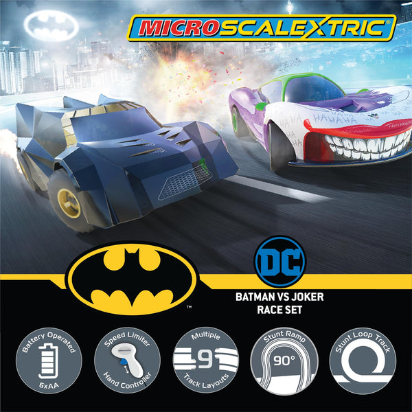 Scalextric G1155M Micro Car Race Track Sets for Kids Age 4+ - Batman vs Joker Themed Construction Set, Battery Powered Racing, Slot Cars Kids' Play Vehicles - Mini Toy Tracks for Boys