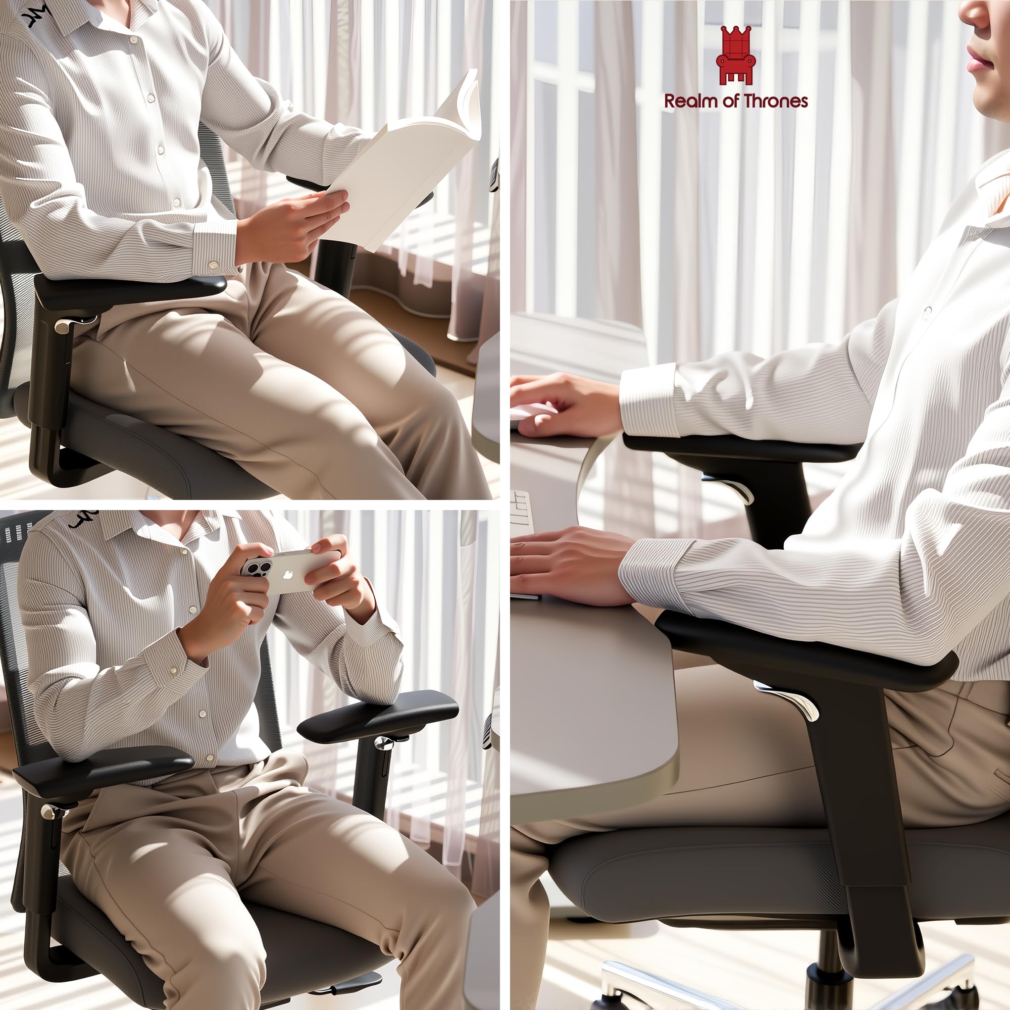 Realm of Thrones CAPTAIN Ergonomic Office Chair for Home, Heavy Duty Steel Base, Versatile Flip-up Armrests, Adjustable Lumbar Support, Mesh Back Comfort Cushion Seat for Computer Desk/Gaming (Black)