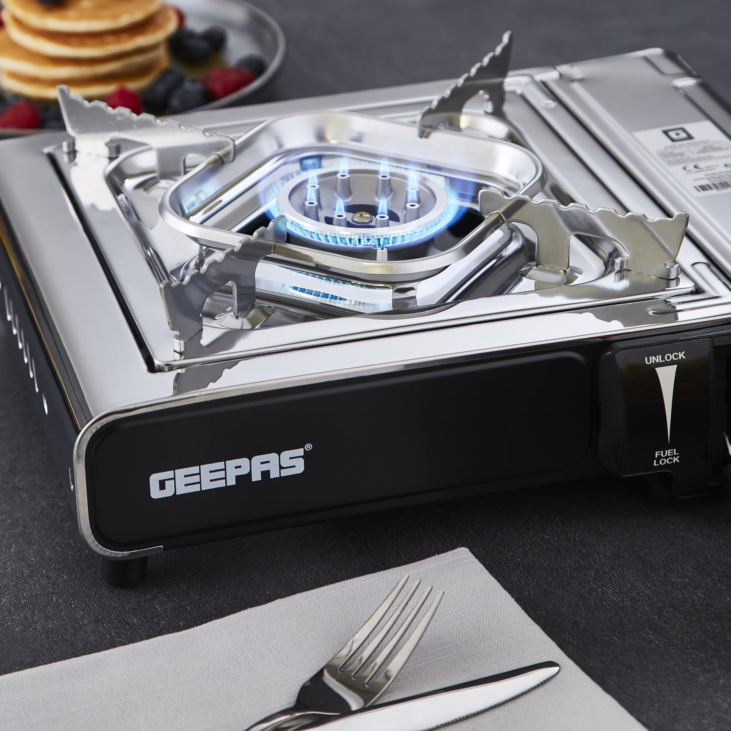 Geepas Gas Stove Single Burner – Portable Camping Stove BBQ Cooker with Carry Case, Outdoor Grill Plate – Automatic Ignition System, Enamel Pan Support, Butane Can or LPG Gas Source