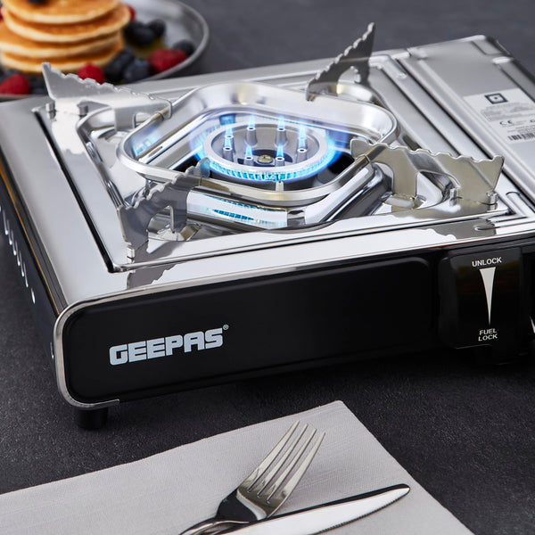 Geepas Gas Stove Single Burner – Portable Camping Stove BBQ Cooker with Carry Case, Outdoor Grill Plate – Automatic Ignition System, Enamel Pan Support, Butane Can or LPG Gas Source
