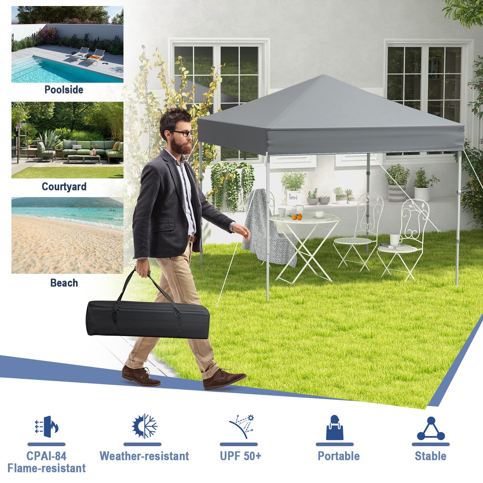 COSTWAY 2m x 2m Pop up Gazebo, 3-Position Height Adjustable Commercial Instant Canopy Tent with Carry Bag, Garden Patio Sun Shelter for Camping BBQ Party (Blue, 198 x 198 x 190-244 cm)