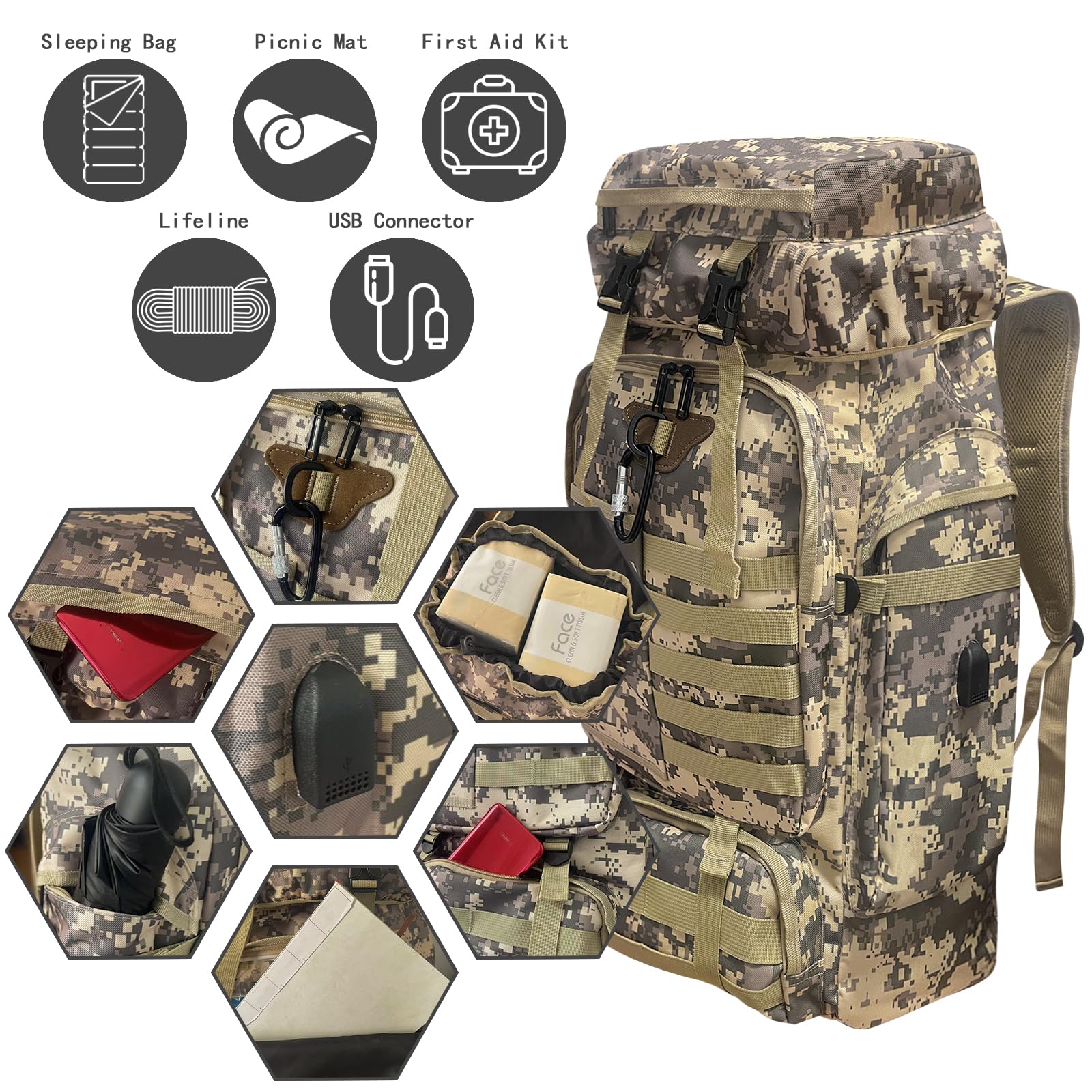 Ogetok 80L Hiking Backpack Camping Rucksack, 80 liters Large Capacity Outdoor Knapsack Travel Climbing Mountaineering Carry On Backpack Bag, Trekking Backpacking for Men Women, Black