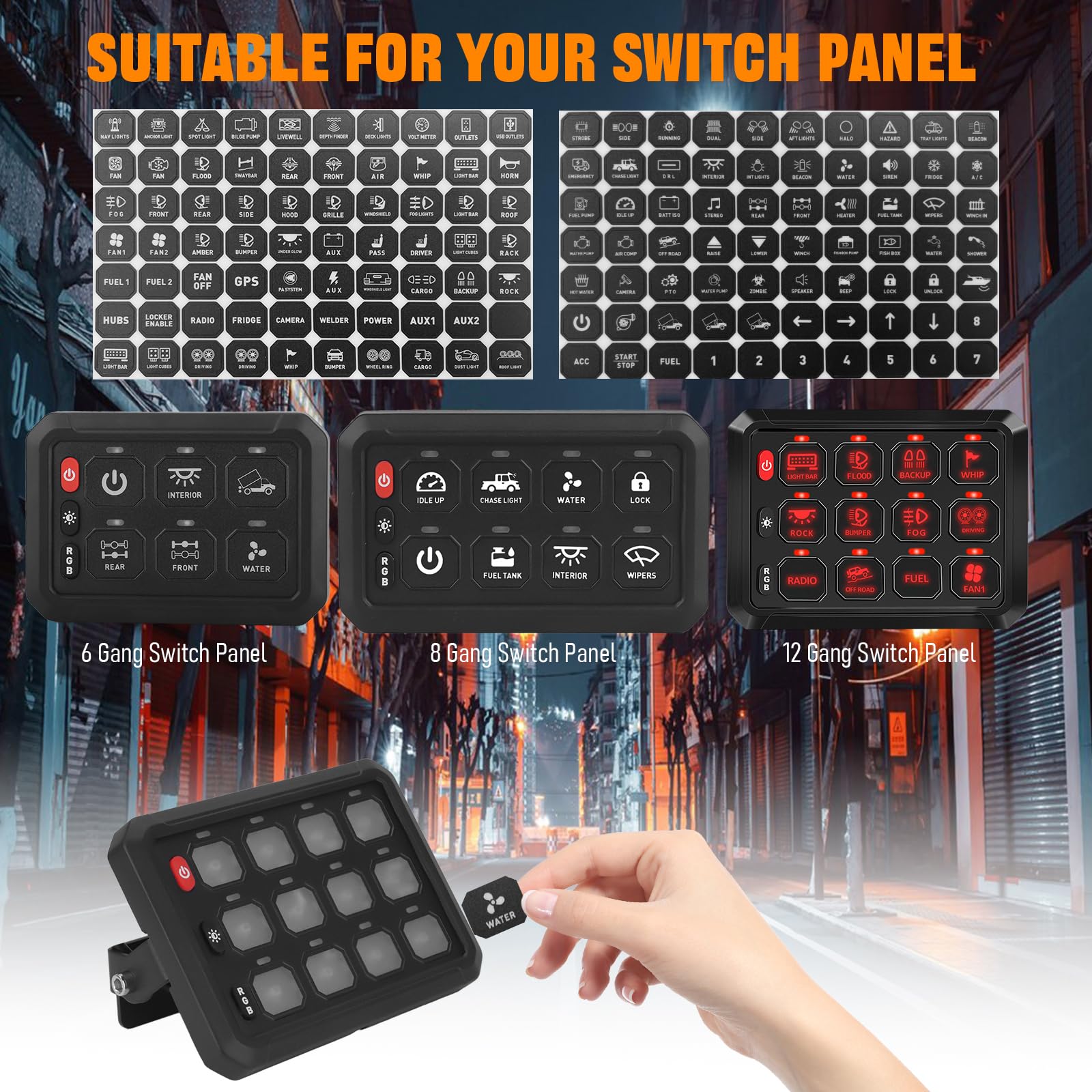 Chelhead 140PCS Vehicle Switch Panel Stickers for P2-6/8/12 Gang Switch Panel Universal Waterproof Multi-Function Button Control Rocker Labels Compatible with Car Dashboard, Boat, RV, Truck