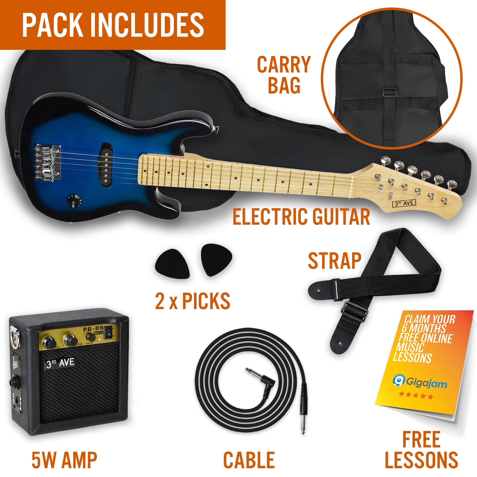 3rd Avenue 1/4 Size Kids Electric Guitar Pack for Junior Beginners - 6 Months FREE Lessons, 5W Portable Amp, Cable, Bag, Picks and Strap - Red