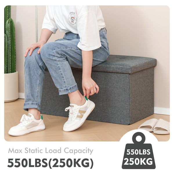 Bonlife Storage Ottoman with Flipping Lid Foldable Shoe Bench Footstool Stool or Sitting Box for Living Room 76.5x38x38cm (Linen-Gray, L)