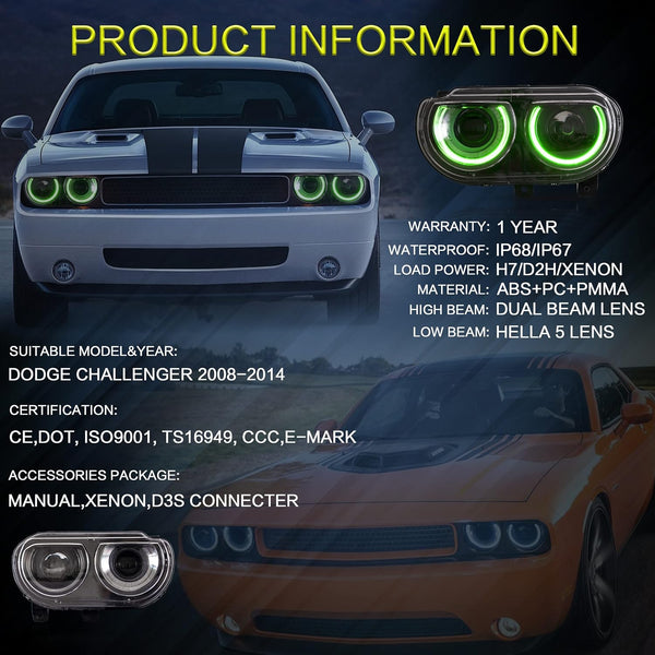 VLAND RGB Headlights Fit for 2008-2014 Dodge Challenger 3rd Gen Coupe, LED Front Lights with Colorful Halo DRL and Sequential Turn Signal