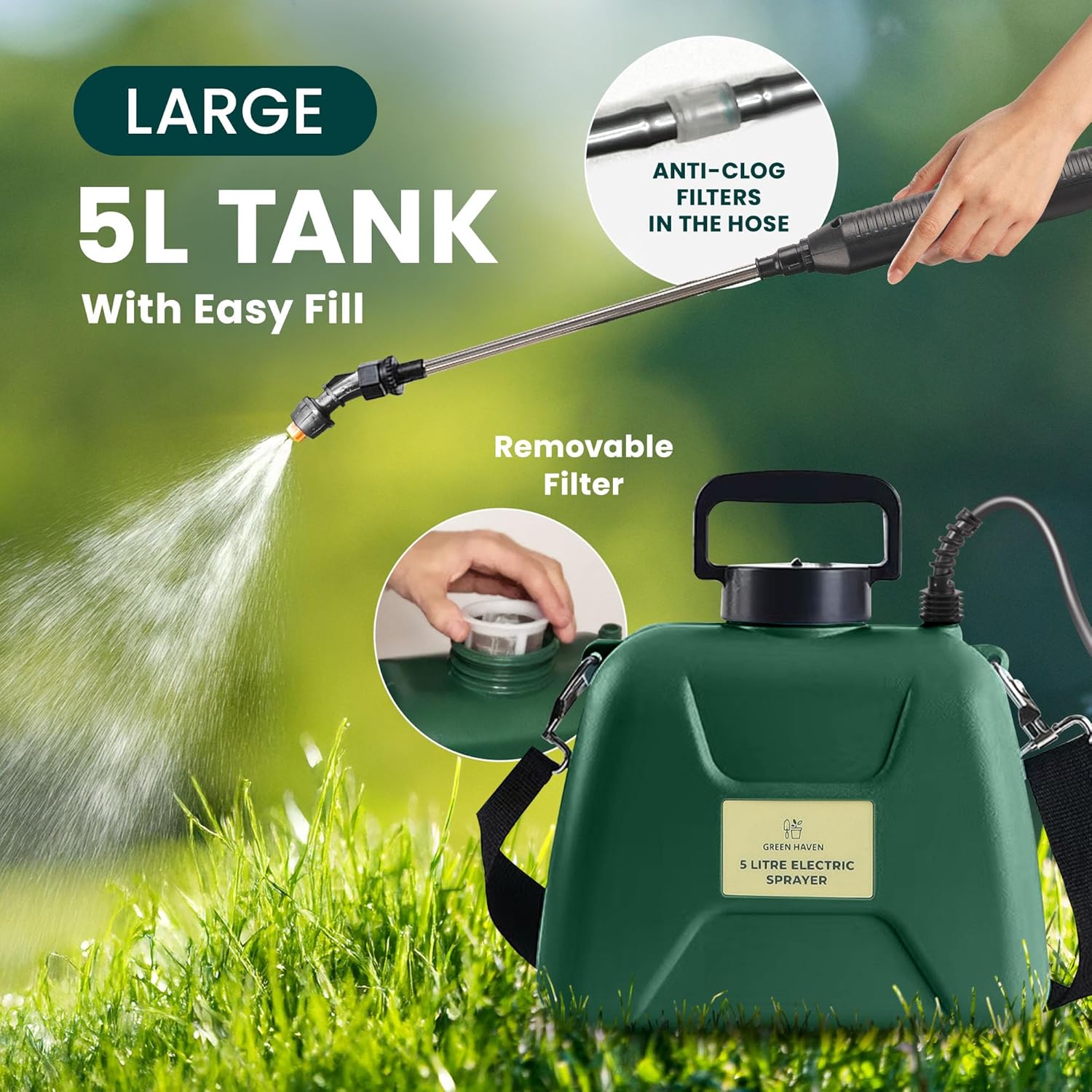 Green Haven 5L Battery-Powered Pressure Sprayer – USB Rechargeable Electric Garden Sprayer with 3 Adjustable Nozzles, Easy-Fill Tank, Durable ABS, Portable Design, and Shoulder Strap for Gardening