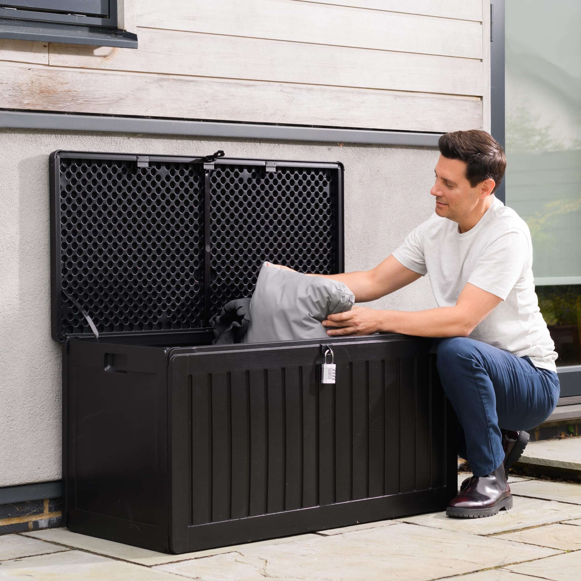 Olsen & Smith 680L Large Garden Storage Box - Weather Resistant Heavy Duty Garden Box with Padlock & Wood Effect - Huge Capacity Outdoor Storage Chest for Tools, Cushions, Toys & More (Anthracite)