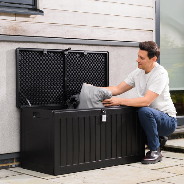 Olsen & Smith 680L Large Garden Storage Box - Weather Resistant Heavy Duty Garden Box with Padlock & Wood Effect - Huge Capacity Outdoor Storage Chest for Tools, Cushions, Toys & More (Anthracite)