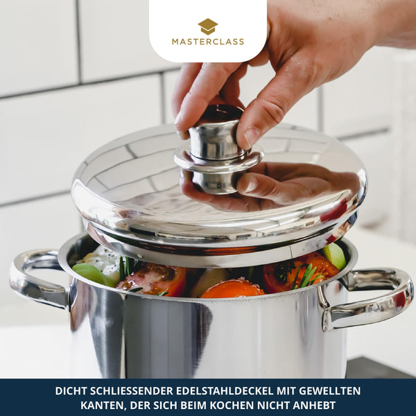 MasterClass Stock Pot With Lid 8.5L/24cm, Induction-Safe, Stainless Steel, Silver