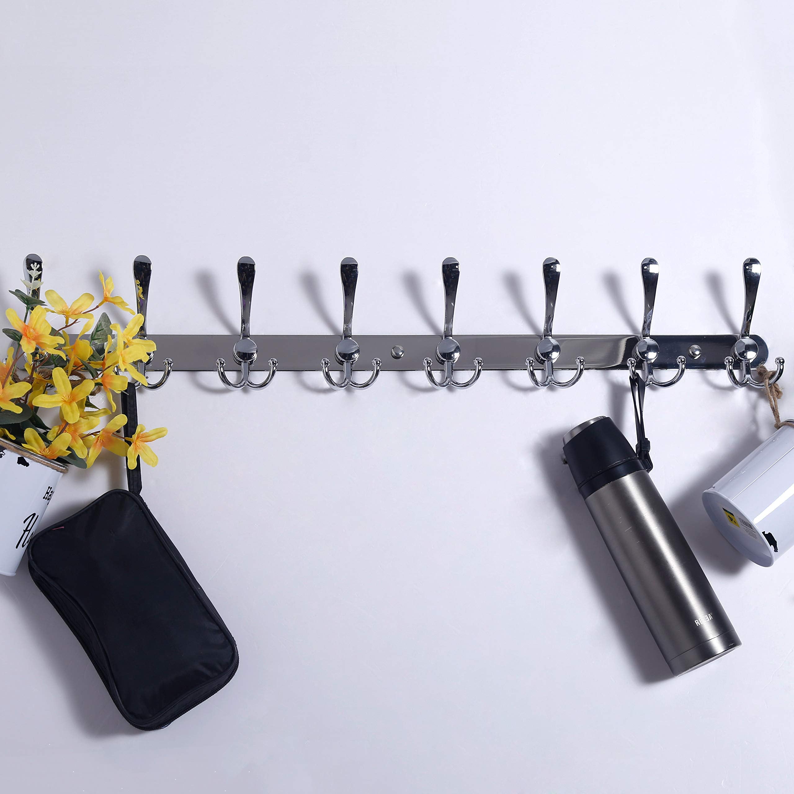 Dseap Coat Rack Wall Mount - 74cm Long 8-Tri-Hooks, Heavy Duty, Stainless Steel, Metal Coat Hanger Rail Wall Hooks for Coats Hats Clothing Clothes