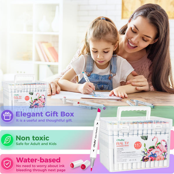 Ohuhu Markers 117 Colours, Water-Based Dual Tip Colouring Pens for Anime and Manga, Sketching, Drawing, Art Markers Set with 1 Colourless Blender and