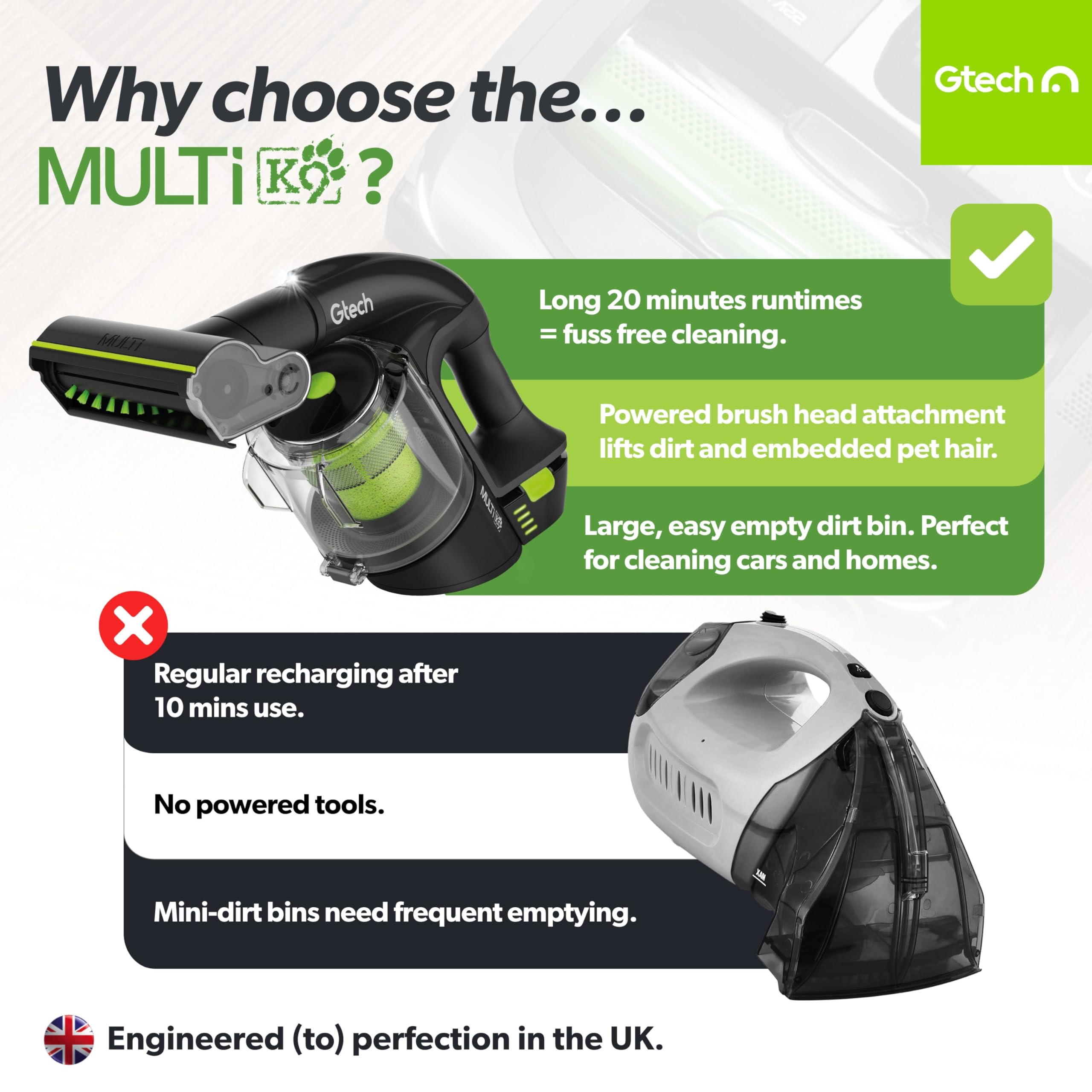 Gtech Multi MK2 | Cordless Handheld Vacuum Cleaner for Cars, Stairs, Home | 22V Li-ion Battery | Powered Brush Bar