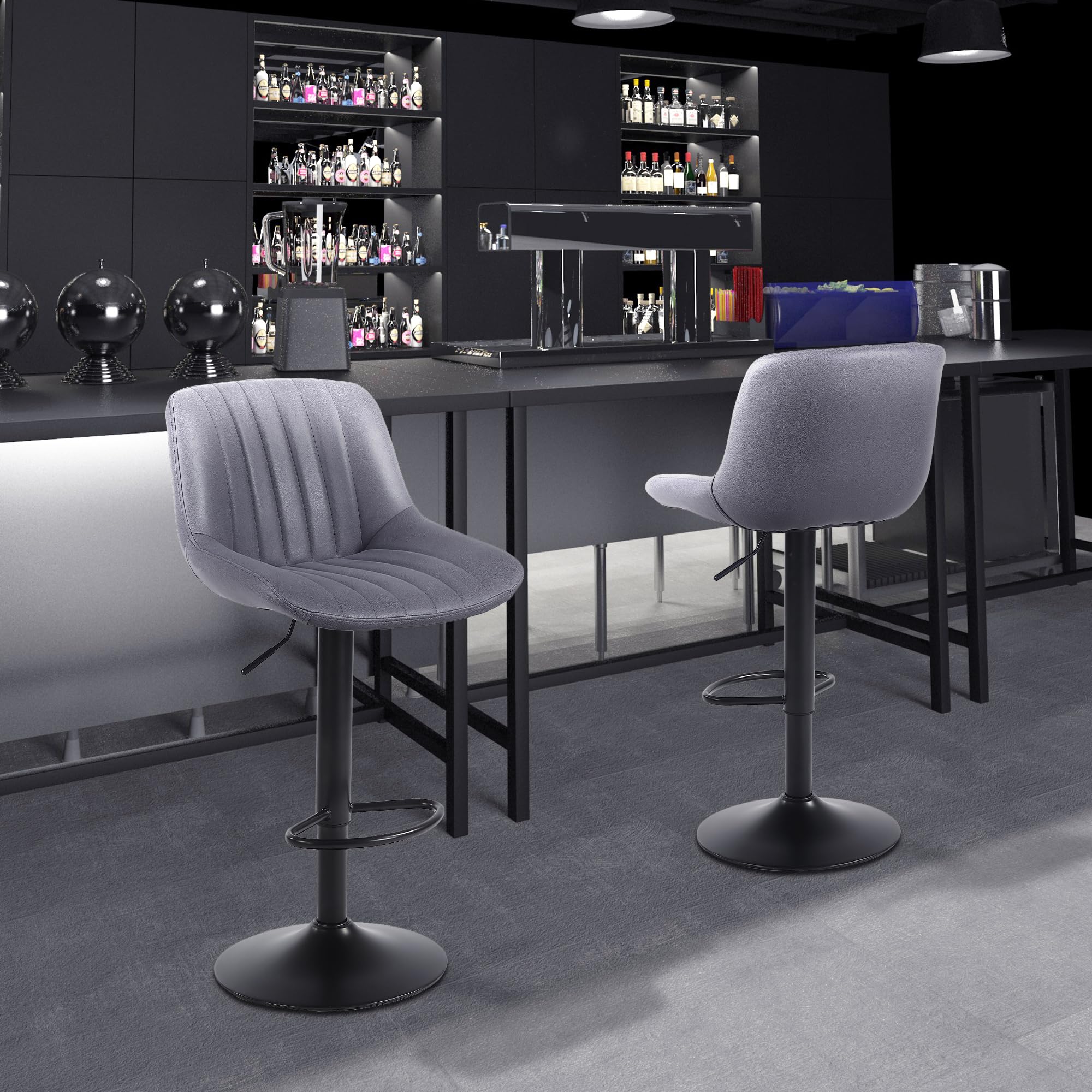 Youhauchair Bar Stools Set of 2, Swivel Counter Height Barstools with Back, Adjustable PU Leather Bar Chairs, Modern Armless Kitchen Island Stool, Black