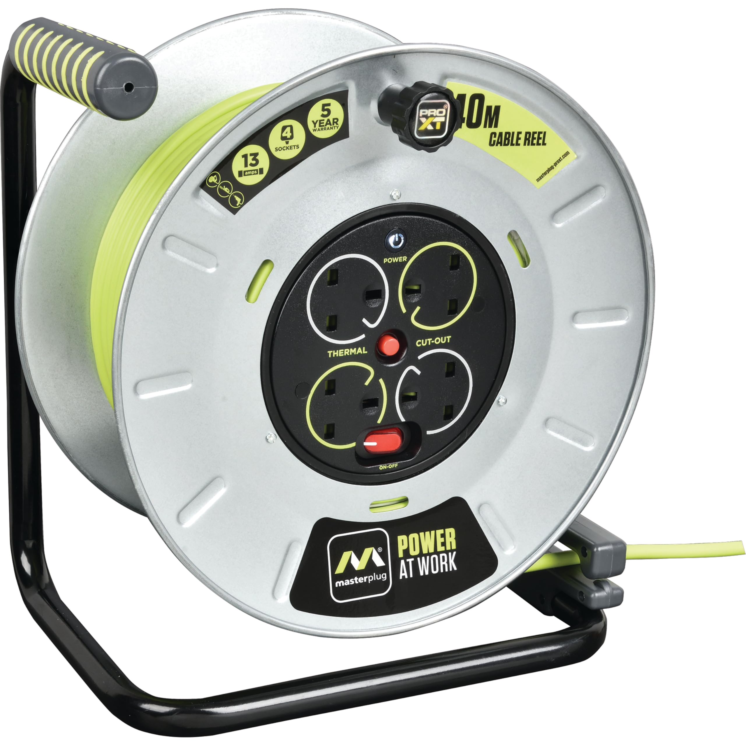 Masterplug Pro-XT Four Socket Open Cable Reel Extension Lead with Winding Handle, Thermal Cut Out and Power Switch, 25 Metres High Visibility Cable , Green