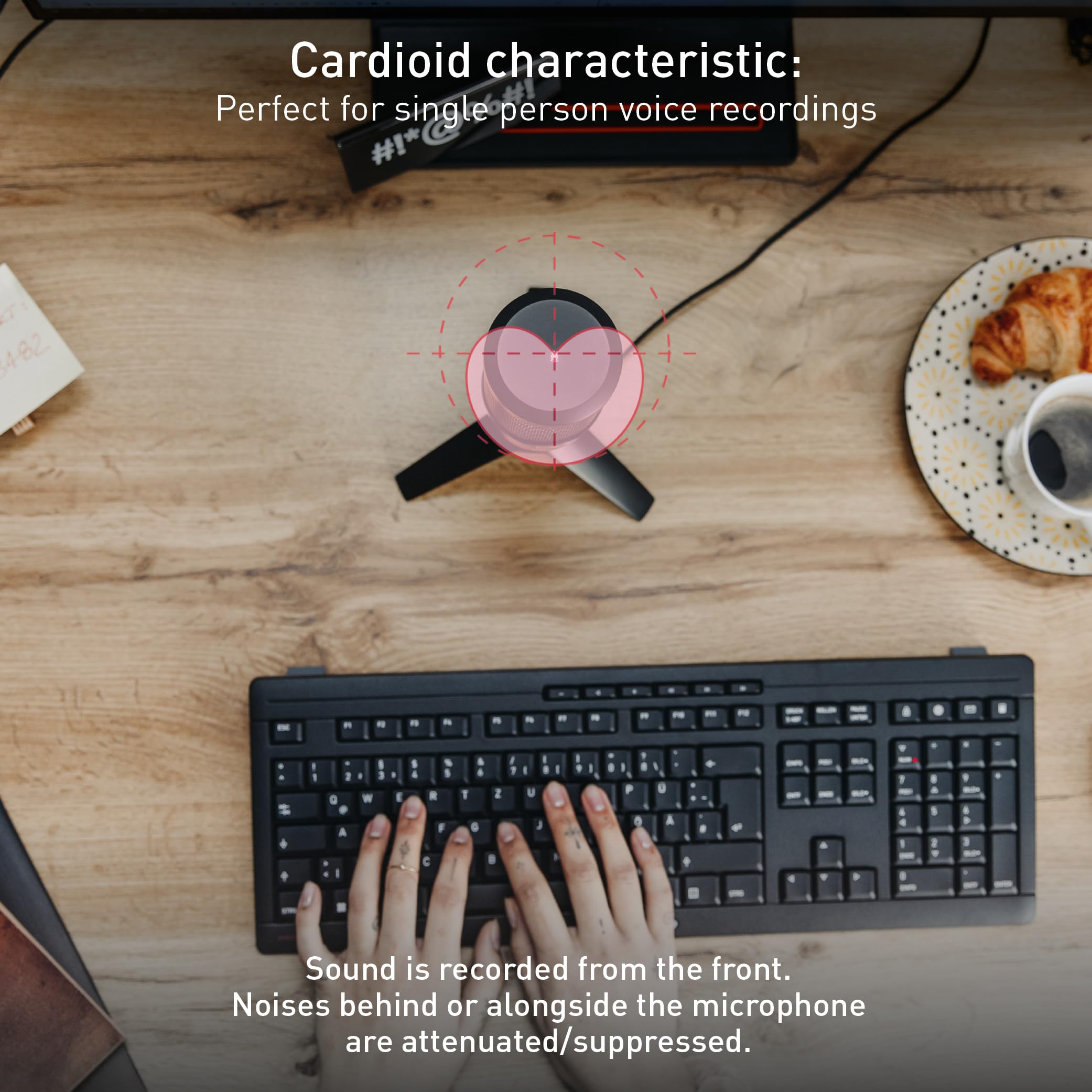 CHERRY UM 3.0, USB Microphone for Podcasts, Streaming, Home Office, Cardioid Characteristic, Headphone Connection, Compatible with PC/Mac/PS4/PS5, Black