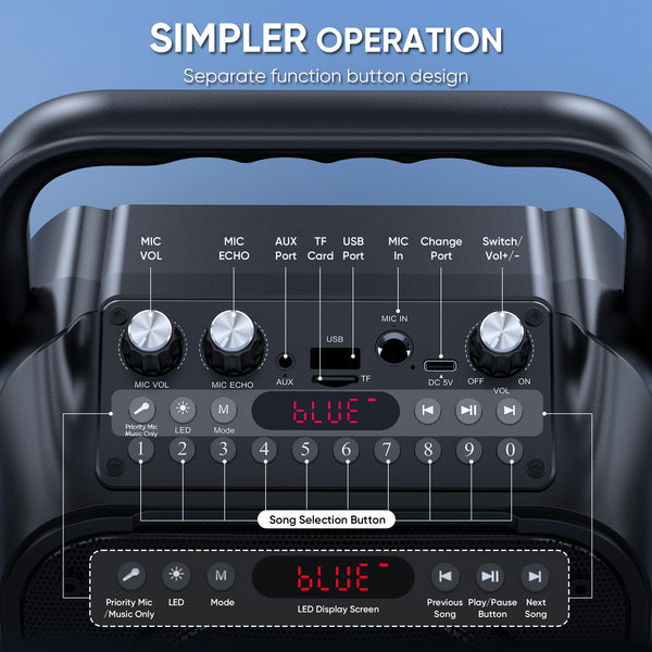 Karaoke Machine with Two Wireless Microphones, Portable Karaoke Machine for Adults & Kids, Portable Bluetooth Speaker with PA System, LED Lights, Supports TF Card/USB, AUX in, FM, USB,TWS (Black)