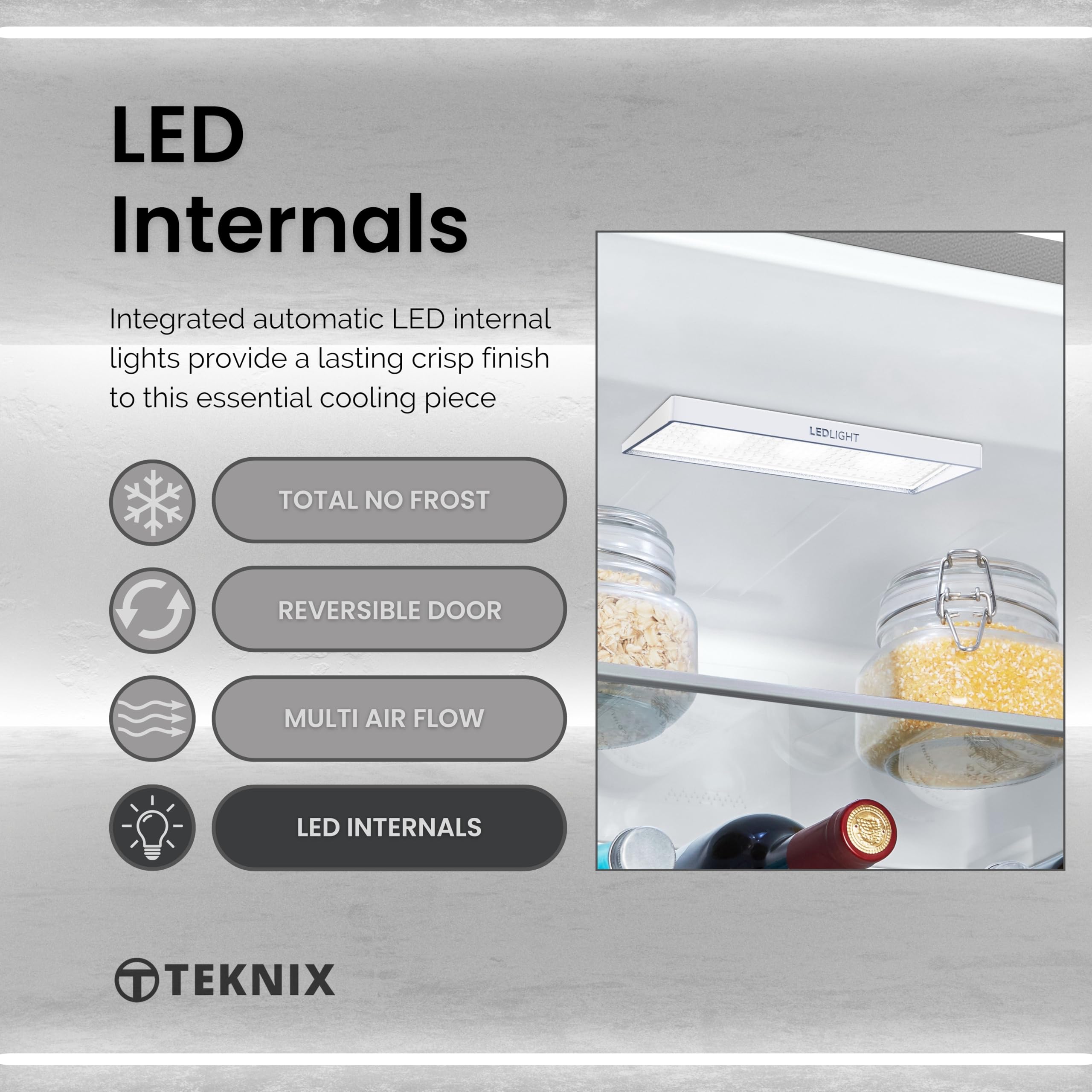 Teknix FFH1825WB 55cm Freestanding 50/50 Fridge Freezer - 256 Litre Capacity - Total No Frost - Non-plumbed Water Dispenser - Black, H182.5 x W55 x D56.2 (cm)