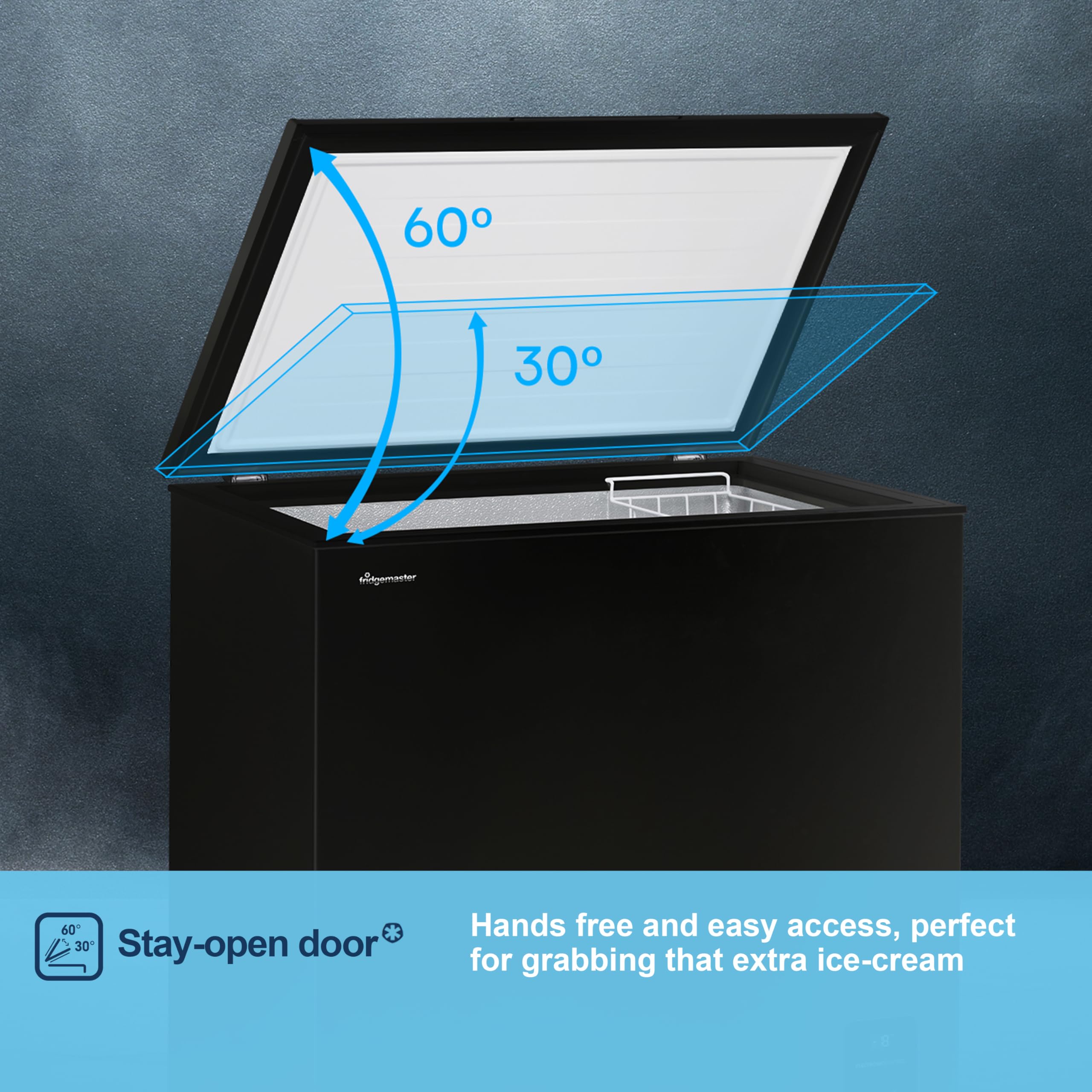 Fridgemaster MCF142EB 142L Chester Freezer 4 Star Freezer Rating - 55.9D x 62.5W x 85.4H cm Black with Recessed Handle - E Rated