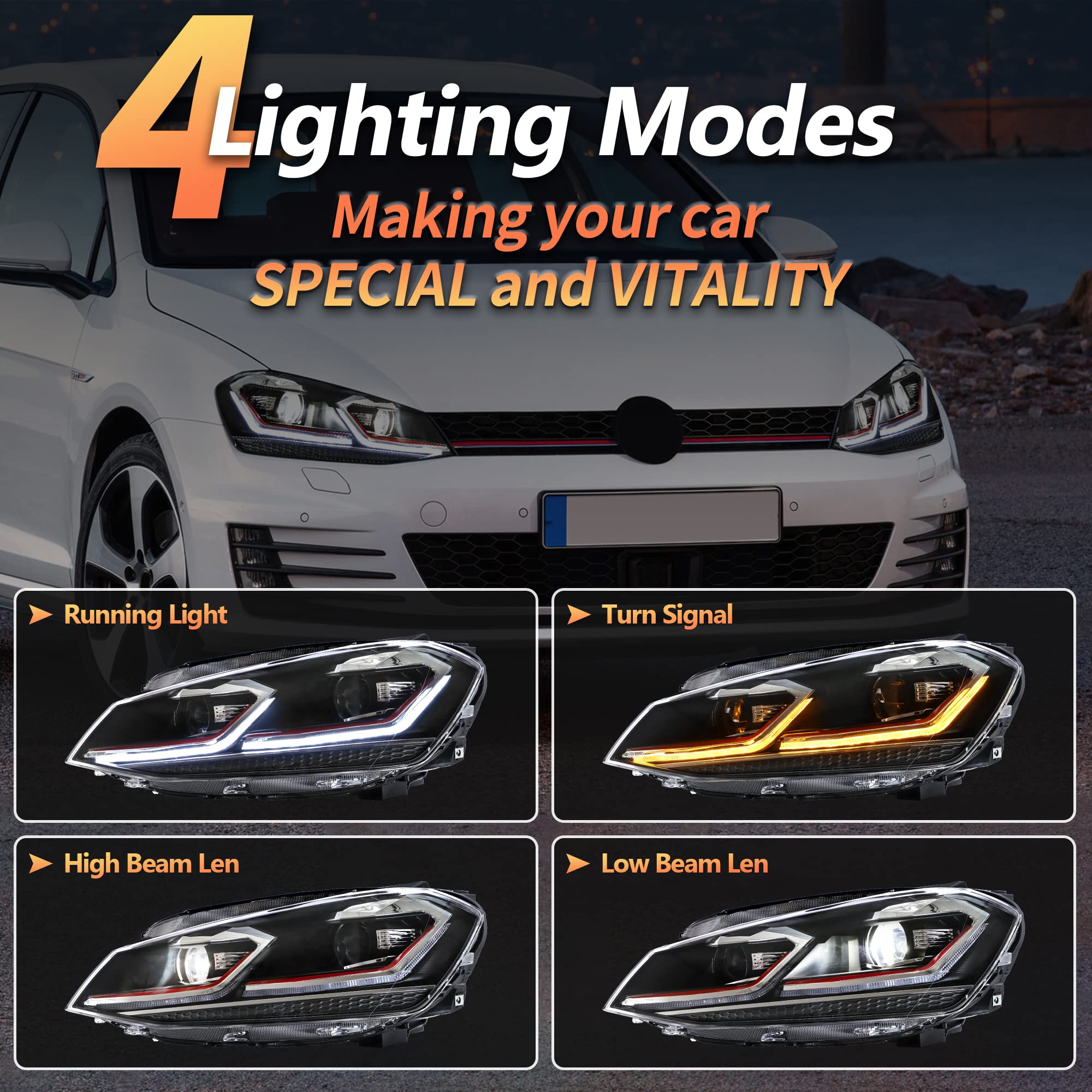 VLAND Headlights for GOLF 7 VII MK7 2012-2017 Front Lamps,with Sequential Indicator,Only Fit for Halogen Version (Sliver Stripe)