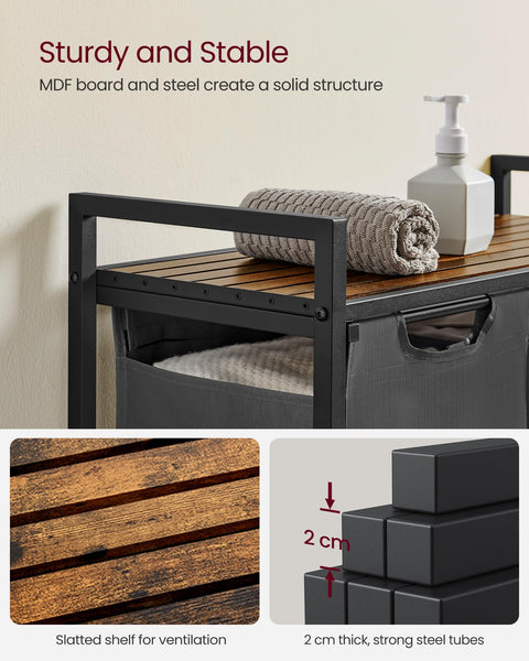 VASAGLE Laundry Basket, Laundry Hamper, Pull-Out and Removable Liner Bag, Shelf, Metal Frame, 65 L, 50 x 33 x 72 cm, Ink Black and Rustic Brown BLH101B01