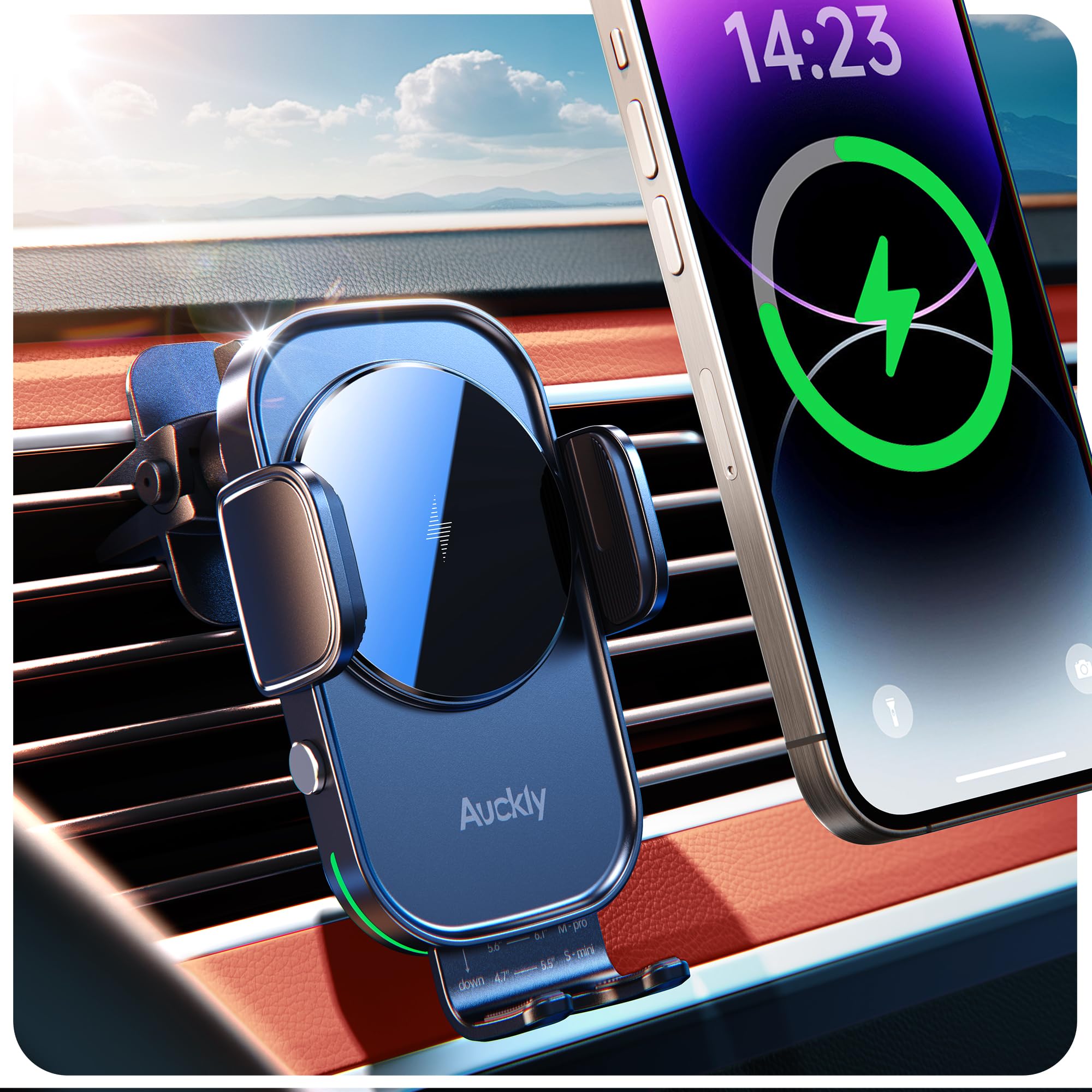 Auckly Qi 15W Car Phone Holder Wireless Charger, [270 ° Automatic Clamping], Wireless Car Charger Mount, Air Vent, for iPhone 11 12 13 14 15 16 Series & Samsung, Electromagnetic Induction, Black
