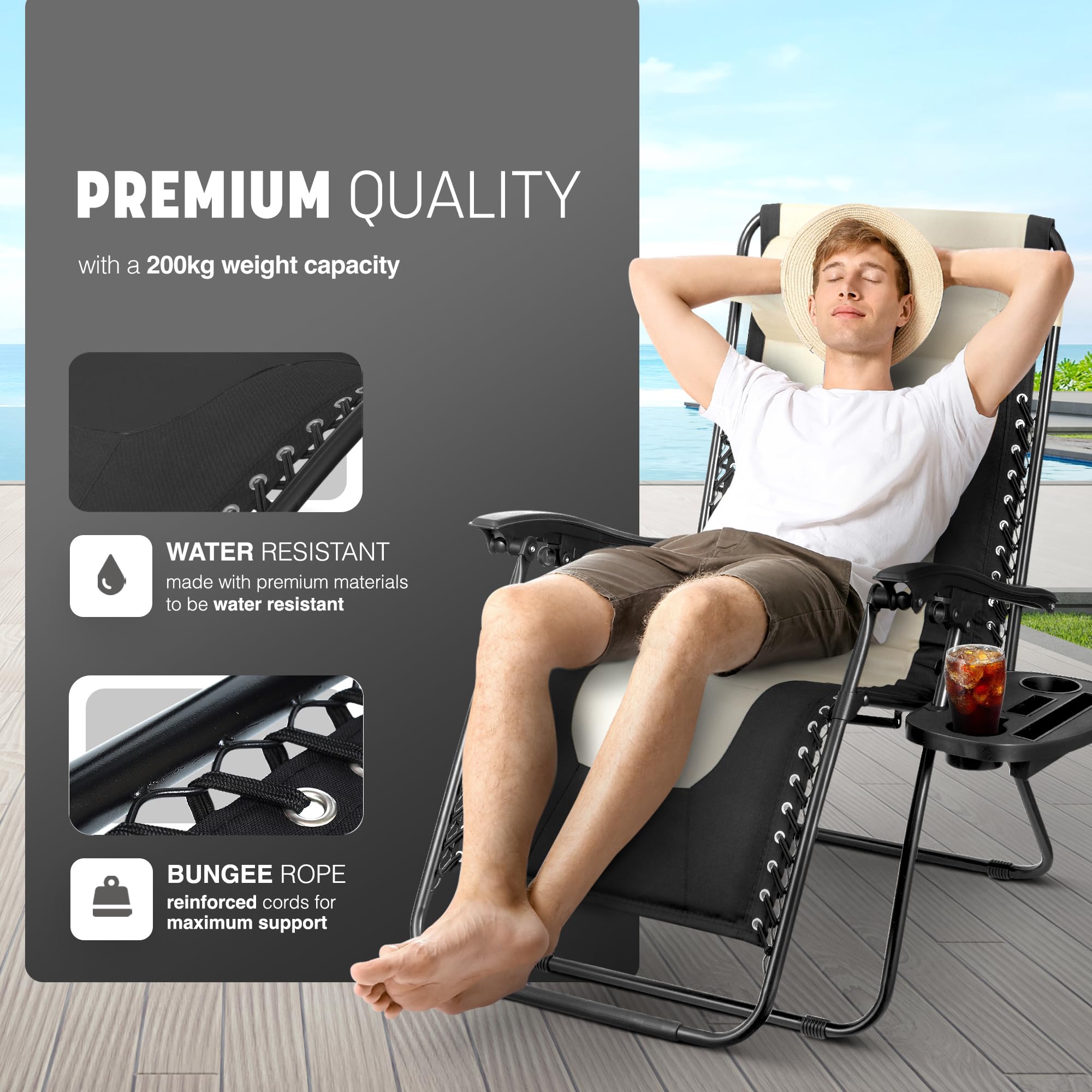 KEPLIN Set of 2 XXL Premium Heavy Duty Padded Zero Gravity Chairs - Luxurious Garden Recliners, Adjustable Headrest, Cup & Phone Holder, Foldable, Easy to Clean Patio Sun Loungers(Black)