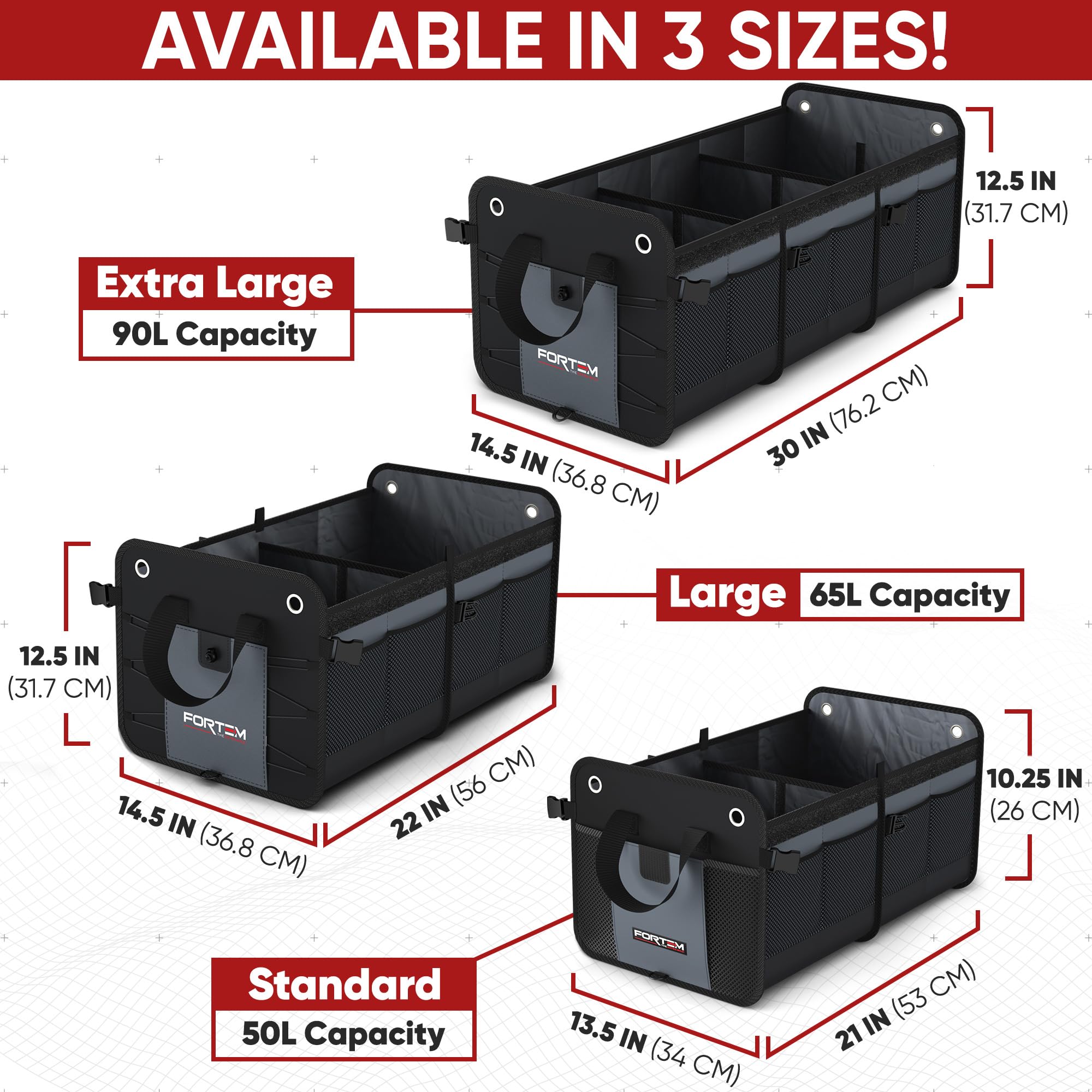 FORTEM Car Boot Organiser, SUV Boot Tidy, Trunk Storage, Collapsible Multi Compartment Car Organiser, Non Slip Bottom, Adjustable Securing Straps, Foldable Cover (65L)