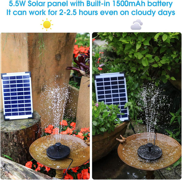 AISITIN 5.5W Solar Fountain Pump, Solar Water Pump Floating Fountain Built-in Battery, with 6 Nozzles, for Bird Bath, Fish Tank, Pond or Garden Decoration