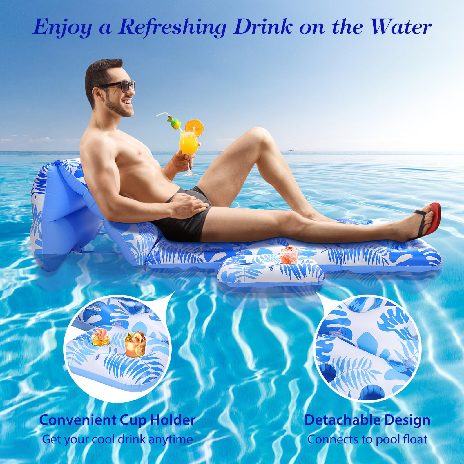 MoKo Pool Floats Adult, Floating Bed with Ice Bar, Tanning Bed Pool Raft Inflatable Lounger with Drink Holder Tanning Chair Inflatable Pool Toys for Party Beach Backyard