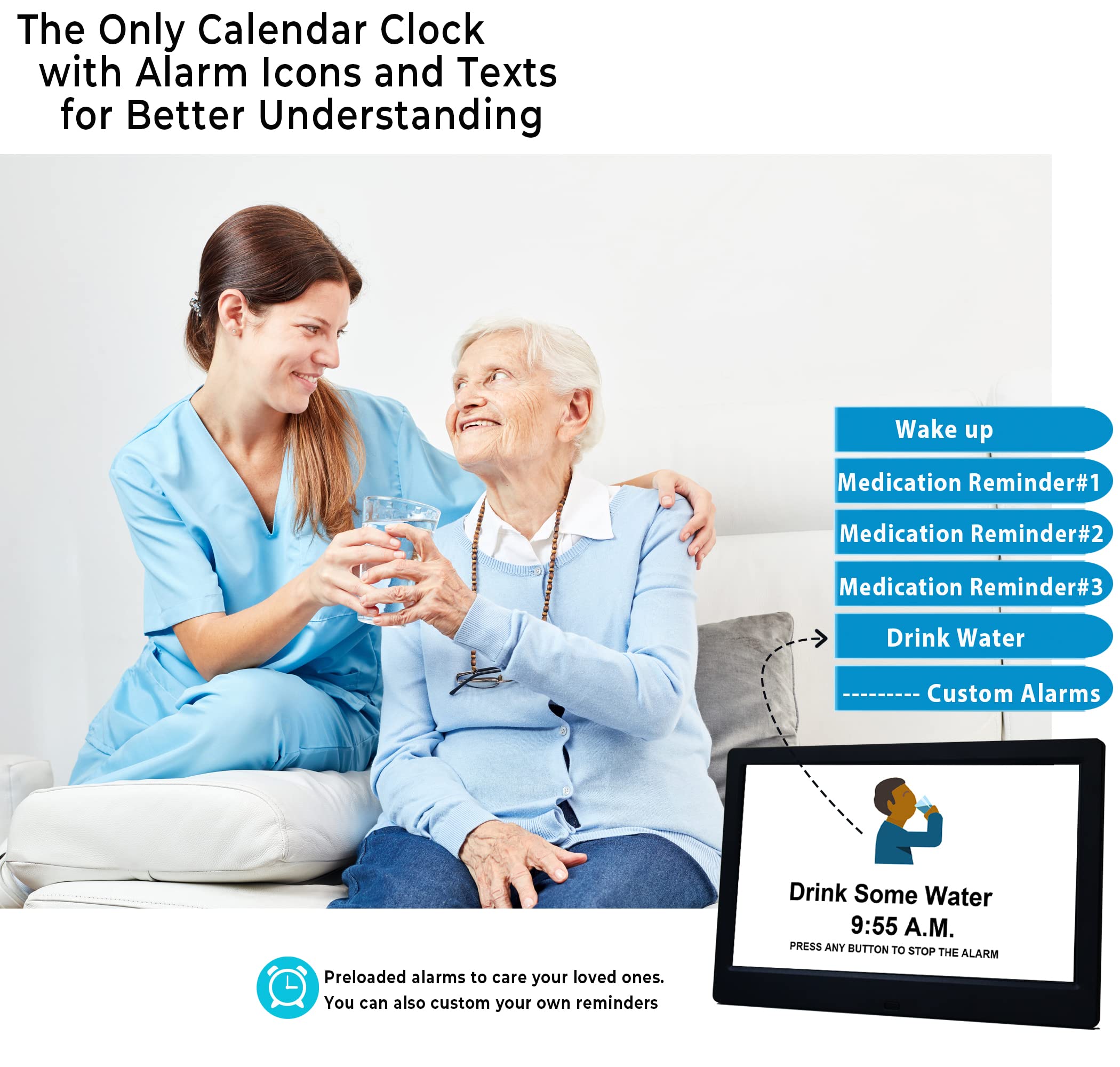 Véfaîî Newest,Dementia Clock 2.0 with Auto DST, 20 Custom Reminders, Day Clock with Sun/Moon icons for Elderly, Sleep Trainer, 7" with Remote & HD Picture Frame