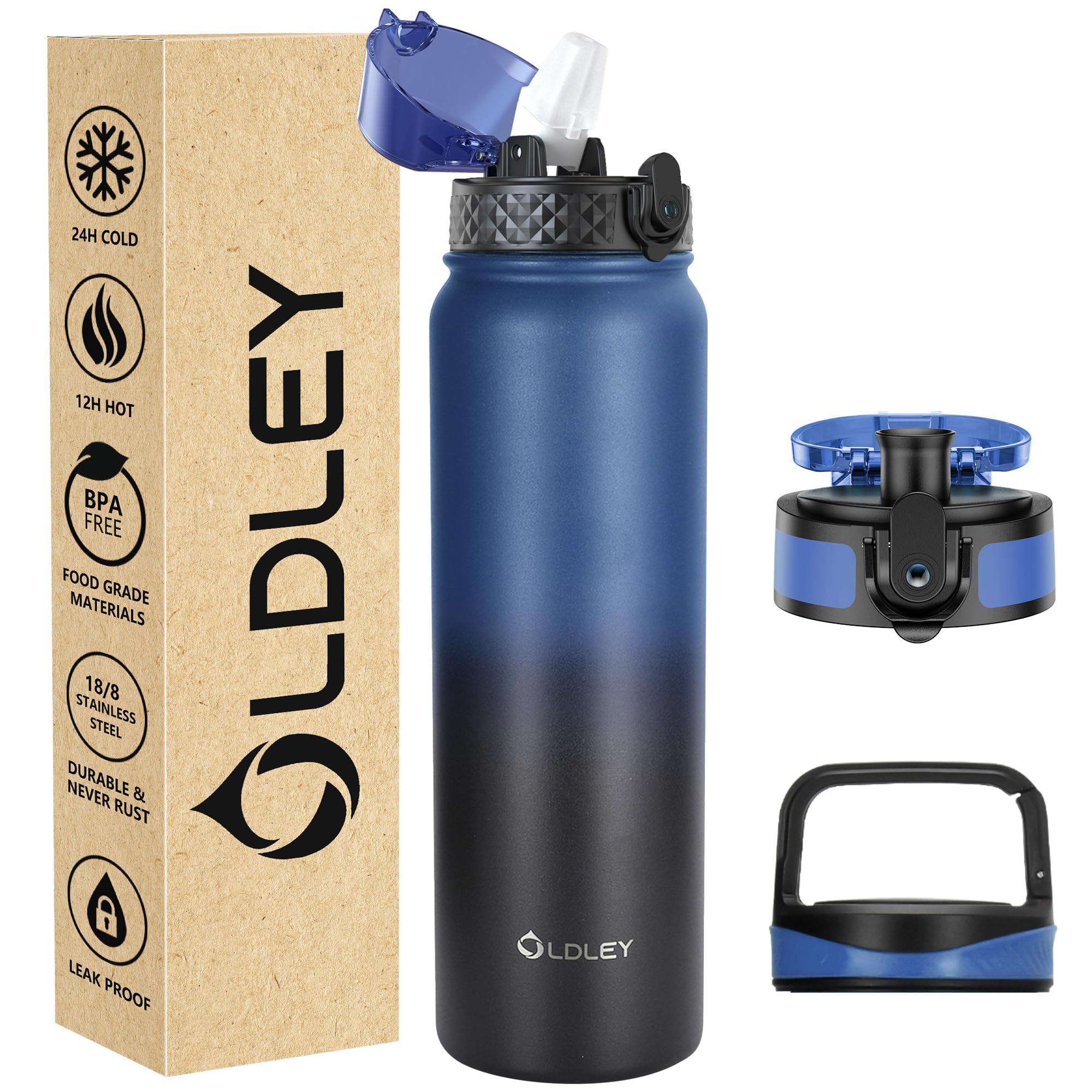 OLDLEY Stainless Steel Water Bottle with Straw 1L Vaccum Insulated Large Drink Flask Metal Water Bottles 1 Litre Leakproof Keep Drinks Hot Cold for Sports Gym with Different Lids(Purple Green, 3 Lids)