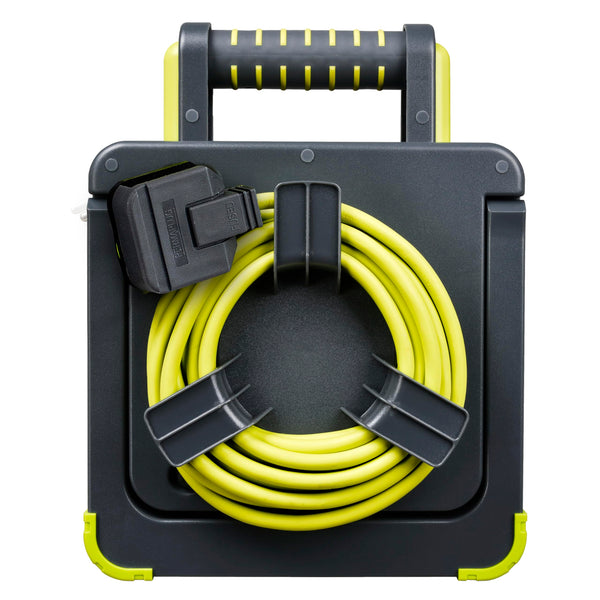 Masterplug Pro-XT Four Socket Open Cable Reel Extension Lead with Winding Handle, Thermal Cut Out and Power Switch, 25 Metres High Visibility Cable , Green