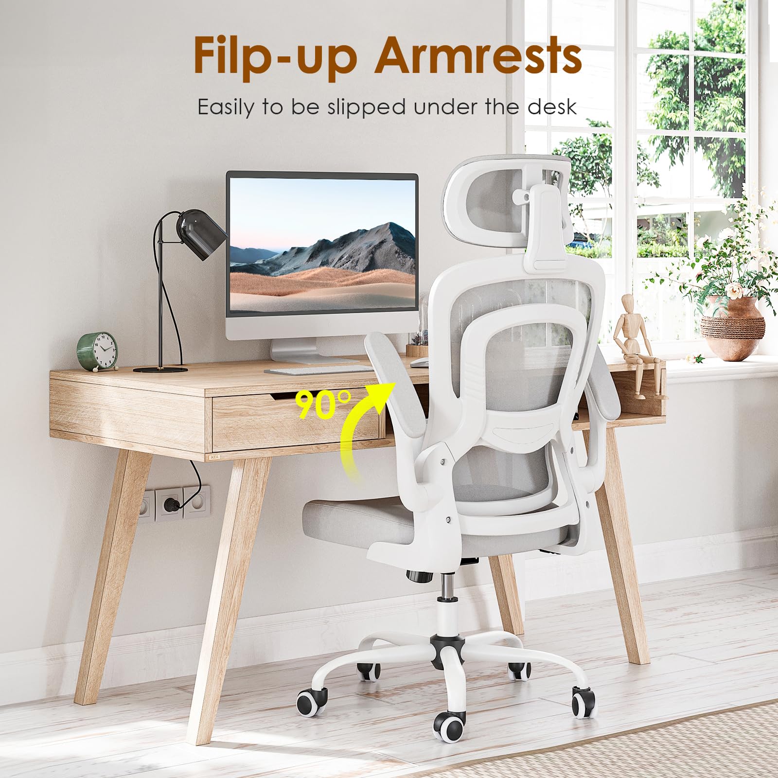 Farini Office Desk Chair with Flip-Up Armrest, High Back Ergonomic Computer Chair with Adjustable Headrest and Lumbar Support for Home and Office