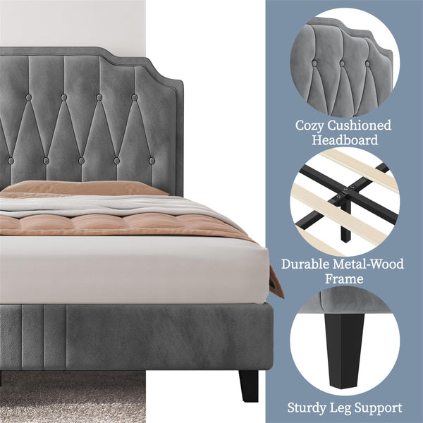 Yaheetech 5ft King Bed Frame Upholstered Platform Bed with Adjustable Button Tufted Headboard/Velvet Fabric/Sturdy Wooden Slat Support/No Box Spring Needed, Dark Grey King Bed